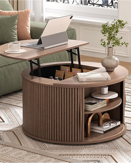 JOINICE 31.5" Round Lift Top Coffee Table, Mid Century Modern Walnut Center Table with Hidden Storage, Fluted Drum Wood Design for Small Living Room & Apartment