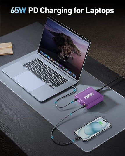 280W USB C Charger Block, 8-Port USB C Charging Station GaN III PD 65W Laptop Charger Adapter Compatible with MacBookPro/Air,DELL,iPad,Portable Charging Station for iPhone,Samsung Galaxy(Purple)
