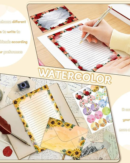 TaoBary 160 Pcs Stationery Paper Set 50 Double Sided Stationery Papers with 50 Matching Envelopes and 60 Round Dot Sticker, 10 Design(Flower,5.5 x 8.25 Inch)