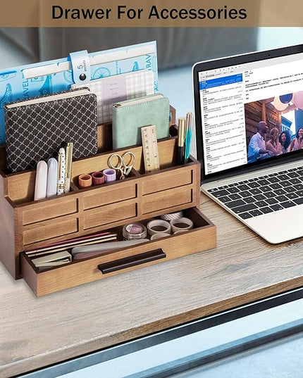 dreampossible Brown Wood Desk Organizer and Accessories with Drawer, Bill Mail Organizer and File Mail Holder for Office Supplies, Rustic Desk Accessories & Workspace Organizers