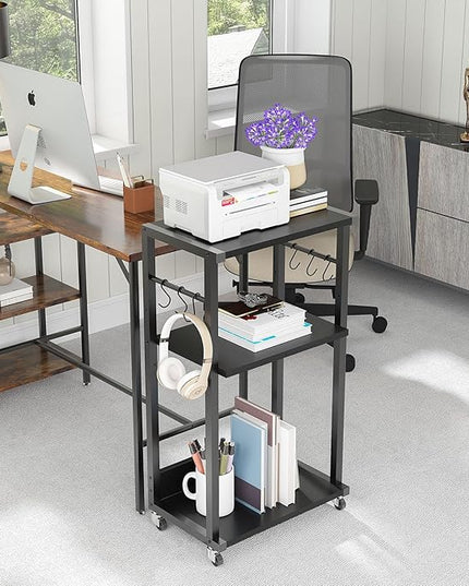 YMYNY Mobile Printer Stand, 3-Tier Printer Cart with Adjustable Storage Shelf and 6 S-Hooks, Tall Printer Table for Home Office, for Computer Tower Stand, Shredder, CPU Stand, Black, UHPT002B