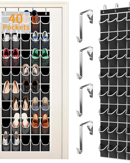 Over the Door Shoe Organizer with 40 Large Pockets, Multi-Purpose Storage for Shoe and Accessories, Durable Fabric with Adjustable Hooks for Home Closet Bedroom Entryway-Black