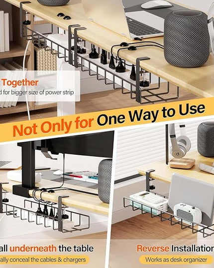 3 Pack Cable Management Under Desk Tray, 47.1" No Drill Under Desk Wire Management with Upgraded Clamp, Metal Cord Organizers with Cable Organizers, PC Cord Organization Rack, Black