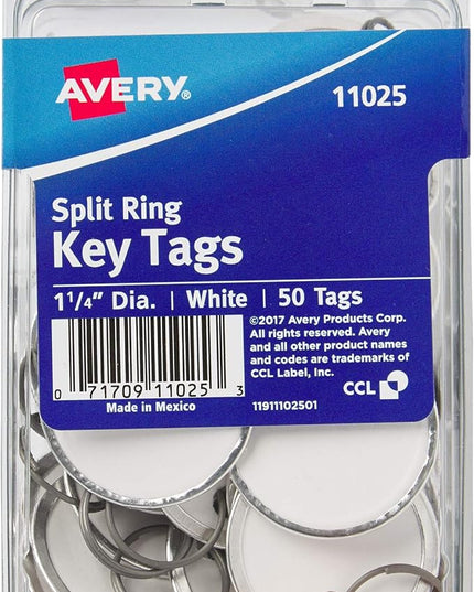 Avery Metal Rim Key Tags, 1.25" Diameter Tag, Metal Split Ring, White, 50 Tags (11025)