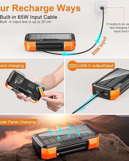 Solar Charger Power Bank 73200mAh, Portable Laptop Charger with 100W USB-C in/Output, Built-in Cables, Hand Crank Power Bank for Mobile Phones, Ideal for Outdoor Use with SOS/Strobe/Strong (orange)