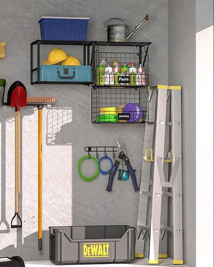 Garage Shelf Wall Mounted with Wire baskets, Heavy Duty Garage Wall Shelving with Garden Tool Rack and Hooks, Wire Shelf Baskets Tool Organizer for Home Garden Yard Organization and Storage