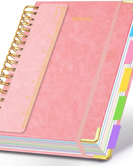 Hardcover Spiral Notebook 6.2"x 8.2" Journal Notebook with Tabs and Removable Dividers 300 Pages 5 Subject Notebook College Ruled, Faux Leather Spiral Bound Notebook for Women School Work (Pink)