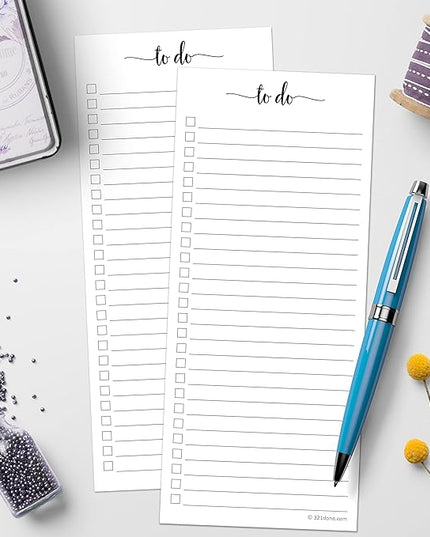 321Done Magnetic To Do List Notepad 2-Pack - 3.7 x 8.5 (1/3 Sheet Slim Skinny Size), Made in USA - College Ruled - Simple Stylish to-Dos Memo Pad for Planning, Tasks, Appointments, Reminders, Home