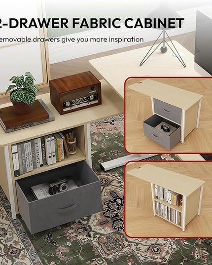 SANODESK 63'' L Shaped Standing Desk with 2-Drawer File Cabinet, Electric Height Adjustable Stand up Desk w/USB Charge Ports, Home Office Modern Wood Computer Desk with Shelves,White Frame/Maple Top