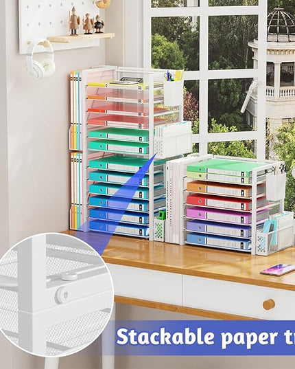 Simple Trending 6 Tier Desk File Organizer, Paper Letter Tray Organizer with File Holder and Pen Container, White