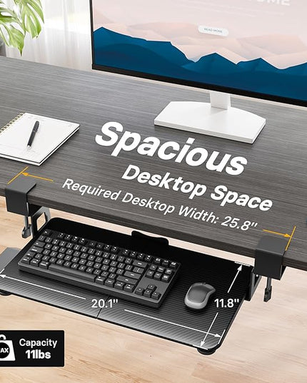 BONTEC KMT01-PJ Under Desk Keyboard Tray, Pull-Out Keyboard & Mouse Platform with C-Clamp, 20 x 11.8 in Space-Saving Ergonomic Slide-Out Drawer, Black Carbon Fiber
