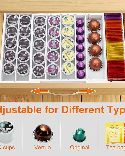 MinBoo Bamboo Drawer Organizer - Expandable K Cup & Pods Holder, Coffee Pod Storage, Tea Organizer, Versatile Kitchen Accessory Organization and Storage,White