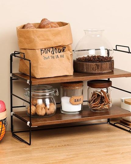 KATHY&BOB Wood Desk Shelf Organizer, 2-Tier Desktop Supplies Storage Rack, Adjustable Stackable Desk Shelf for Office, Kitchen, Bathroom, 15.75"*12.2"*7.87"