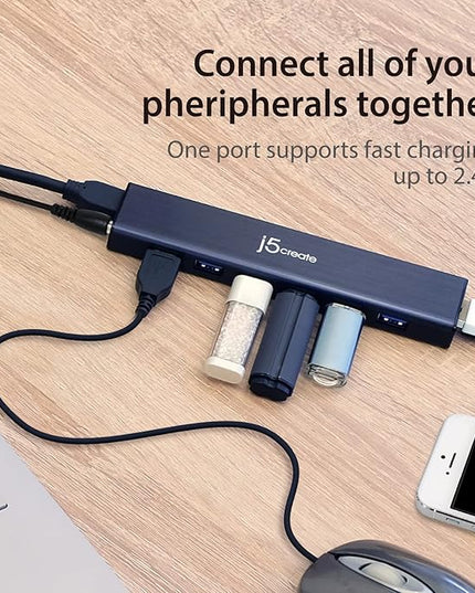 j5create 7-Port Powered USB 3.0 Data Hub with 3.3 ft Extended Cable [20W Power Adapter Included] for Mac, MacBook, Windows, Laptop, Surface, XPS, PC (JUH377)