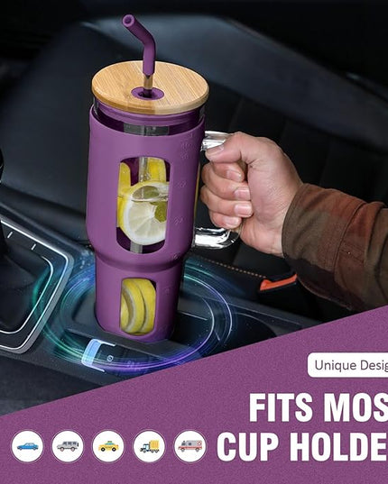 Glass Tumbler with Lid and Straw, 46 oz Iced Coffee Cup with Handle, Glass Water Bottles with Silicone Sleeve, BPA Free-Dark Purple