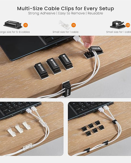 EUREKA ERGONOMIC 316 PCS Cable Management Organizer Kit Cable Raceways, 6 Cable Holder, 4 Cord Sleeve, 60 Wire Clips,2 Roll Self Adhesive Wire Ties, 100 Zip Ties for Office Home Under PC Desk, Black