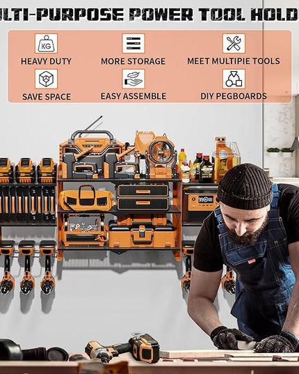 45" Large Power Tool Organizer Wall Mount with Charging Station - 3 Layer Storage Racks with 8 Cordless Drill Holder, 4 Hooks, Heavy Duty Garage Tool Organizer Storage for Workshop Pegboard Basement