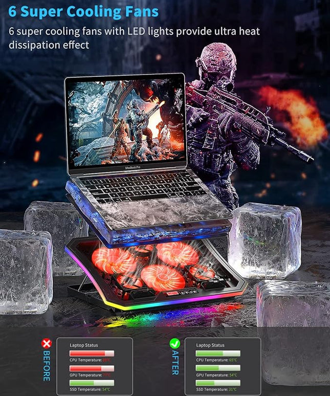 Laptop Cooling Pad, KeiBn RGB Lights Laptop Cooler 6 Fans for 15.6-17.3 Inch Laptops, 7 Height Stands, 10 Modes Light, 2 USB Ports, Desk or Lap Use (A8,Red)