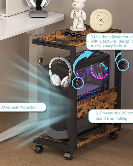Computer Tower Stand with LED Light Strip,Mobile Rolling CPU Holder,Height Adjustable PC Tower Stand with Charging Station for Office Home (Rustic Brown)