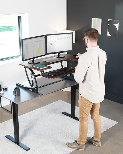 VIVO 42 inch Height Adjustable Stand Up Desk Converter, V Series, Quick Sit to Stand Tabletop Dual Monitor Riser Workstation, Dark Walnut Top, Black Frame, DESK-V000VLD