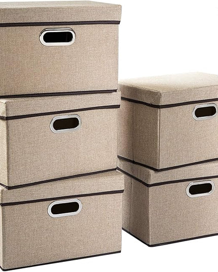 PRANDOM Collapsible Storage Containers with Lids [5-Pack] Jute Fabric Foldable Storage Bins Boxes Organizer Baskets Cube with Cover for Home Bedroom Closet Office Nursery (14.9x9.8x9.8)