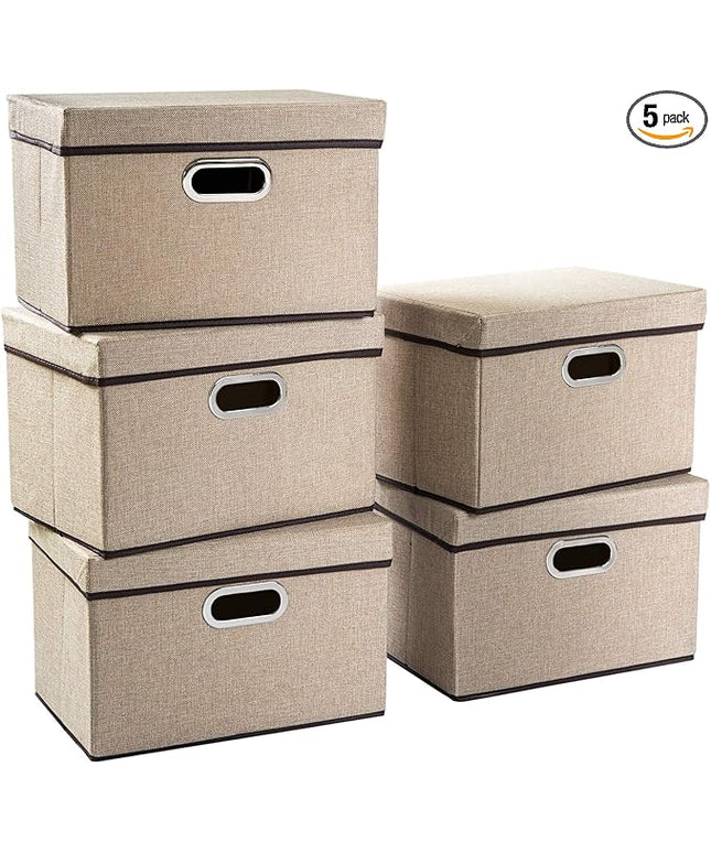 PRANDOM Collapsible Storage Containers with Lids [5-Pack] Jute Fabric Foldable Storage Bins Boxes Organizer Baskets Cube with Cover for Home Bedroom Closet Office Nursery (14.9x9.8x9.8)