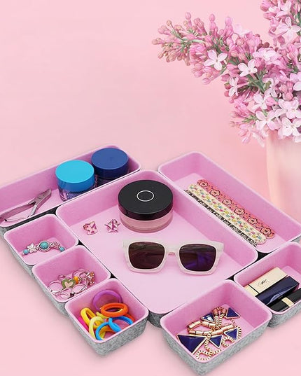 Welaxy desk drawer organizers tray felt storage bin caddy for home office suppliers makeup crafts pens decluttering 8-piece holiday gift solution (Light pink)