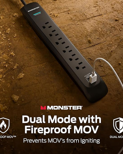 Monster Power Surge Protector w/ 1200 Joule Rating — Heavy Duty 6 FT Surge Protector Power Strip w/ 6 120V Outlets, 2 USB-A Ports — Fireproof MOV, Dual Mode, Clean Tech for Home & Office (Black)