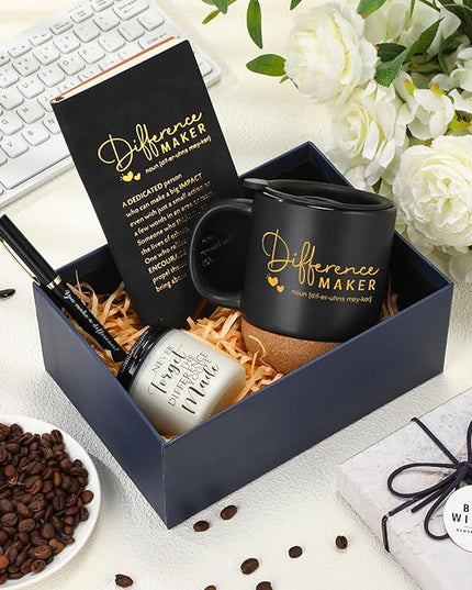 4 Pcs Difference Maker Gift for Women Men Teacher Employee Appreciation Gift for Coworker Staff Coach Difference Maker Mug Notebook Scented Candle Motivational Ballpoint Pen for Valentines(Black)