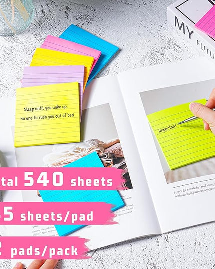 (12 Pads) Lined Sticky Notes 4x4 in Post, 6 Bright Colors with Lines Self-Stick Note Pads it, Strong Adhesive, 46 Sheets/Pad, 552 Sheets in Total