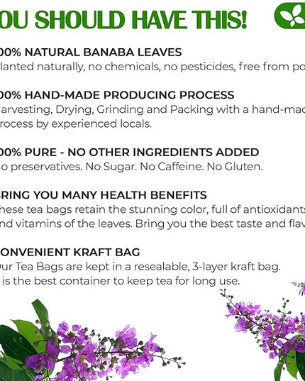 FreshDrinkUS, Premium 40 Banaba Tea Bags, 100% Natural & Pure from Banaba Leaves. Loose Leaf Banaba Herbal Tea. No Sugar, No Caffeine, No Gluten, Vegan.