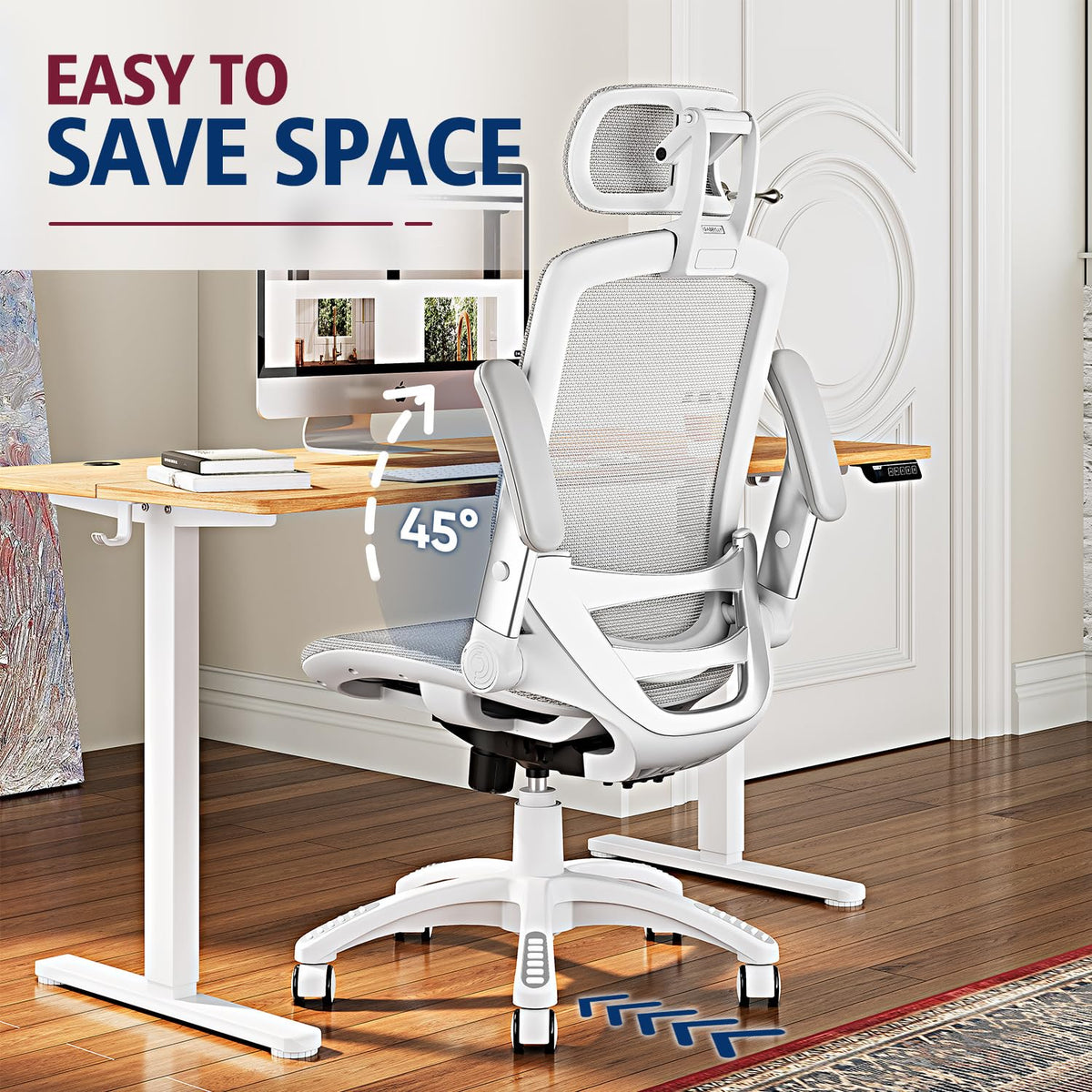 GABRYLLY Ergonomic Office Chair, High Back Home Desk Chair with 2D Flip-Up Arms, 3D Headrest, 90-120° Tilt and Wide Cushion, Big and Tall Mesh Chairs for Man Woman, Computer Task Chair Light Grey