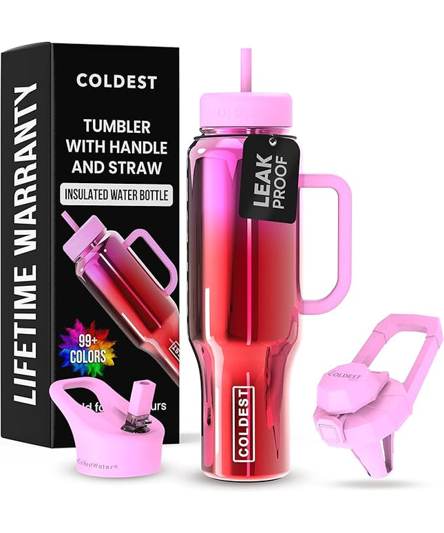 Coldest Tumbler with Handle and Straw - 100% Spill Proof Tumbler with Straw (3 Lids) - Stainless Steel Insulated Leakproof Tumblers for Women & Men - Cup Holder Friendly - 46 oz (Tulip Nova)
