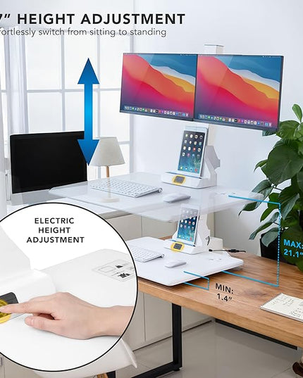 Mount-It! Electric Standing Desk Converter, Motorized Sit Stand Desk Riser with Dual Monitor Mounts, Adjustable Height Ergonomic Workstation with 28” Wide Platform and Tablet/Phone Slot, White