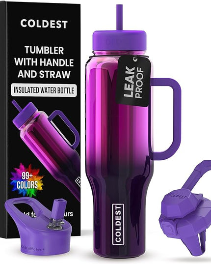 Coldest Tumbler with Handle and Straw - 100% Spill Proof Tumbler with Straw (3 Lids) - Stainless Steel Insulated Leakproof Tumblers for Women & Men - Cup Holder Friendly - 46 oz (Purple Nova)