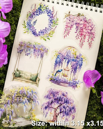 AuriicLeaf Wisteria Floral PET Sticker Set, 60Pcs Purple Flower Stickers for Scrapbooking, Journaling, Junk Journal Supplies, and DIY Crafts