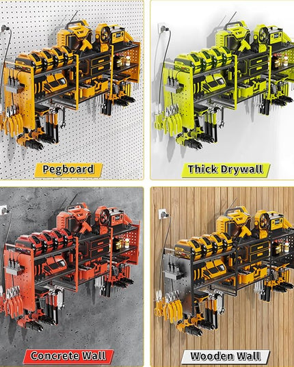 Heavy-Duty 48" Wall Mount Power Tool Organizer with Charging Station – 3-Tier Garage Organization Rack for Drills, Wrenches & Tools – Includes 16 Hooks & Pegboard Sides