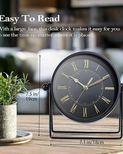 AYRELY® Vintage Black Metal Desk Clock,Battery Operated Mantel Clocks, Decorative Table Clocks with Adjustable Angle for Fireplace Farmhouse Shelf Living Room Décor (Black/Gold)