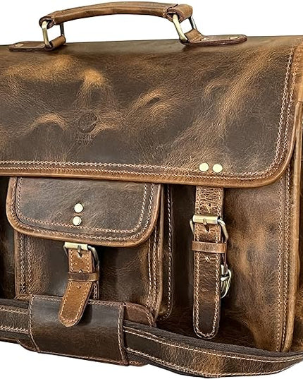 RUSTIC TOWN Leather Messenger Bag for Men - Full Grain Leather Briefcase Laptop Satchel Office Crossbody Travel Bag