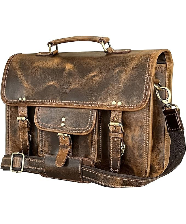 RUSTIC TOWN Leather Messenger Bag for Men - Full Grain Leather Briefcase Laptop Satchel Office Crossbody Travel Bag