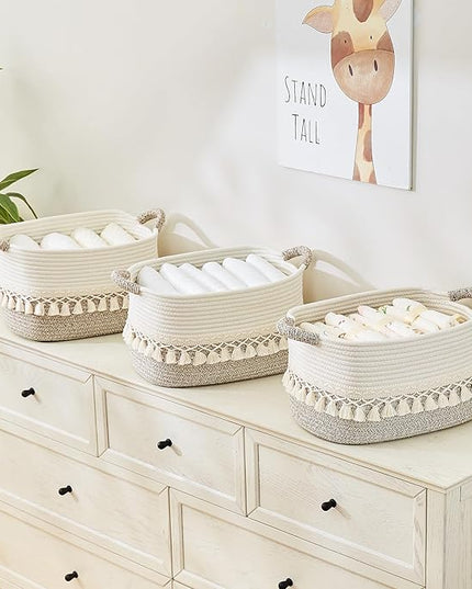 Storage Bins Woven Baskets for Storage Set of 3, Cotton Rope Basket with Handles for Toys/Shelves/Laundry, Rectangle Multi-Purpose Organizer for Living Room, Bedroom, Nursery (White/Beige)