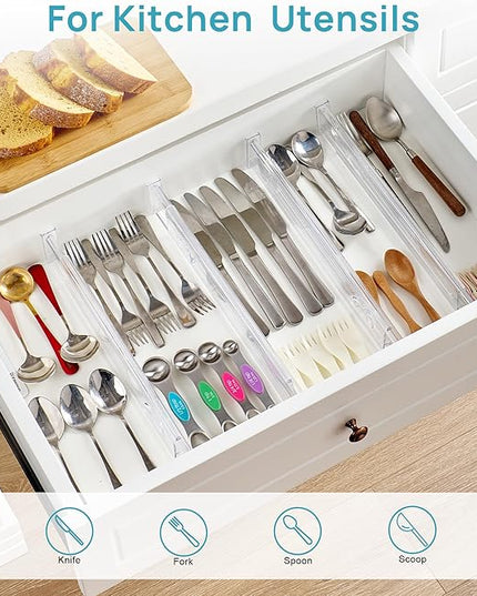 Vtopmart 4 Pack 2.36" Short Upgrade Drawer Dividers for Kitchen Drawer, 12.8"-22.3" Expandable Kitchen Drawer Organizer, Clear Plastic Organizer Separator for Flatware, Utensil, Cutlery, Underwear