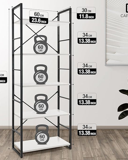 CAPHAUS 5 Tier Bookshelf, 24 Inch Width Free Standing Shelf, Bookcase Shelf Storage Organizer, Industrial Book Shelves for Home Office, Living Room, Kitchen, White Shelves & Metal Frame