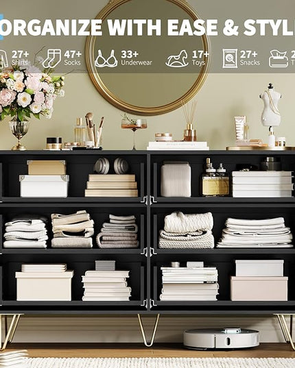 Garvee Fluted Dresser for Bedroom with 6 Drawers,47" Wide Modern Chest of Wooden Bedroom Chest with Metal Handle,Clothes Storage Organizer,Closet Dresser & TV Stand for Living Room,Hallway,6&Black