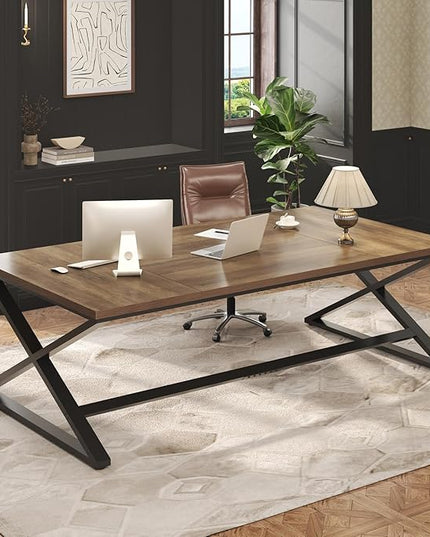 IBF Wood Large Computer Desk, 70.8” Long Home Office Desk for Two Person, Farmhouse Work Study Writing Table in Bedroom, Simple Wide Metal Executive Double PC Gaming Workstation, Rustic Oak