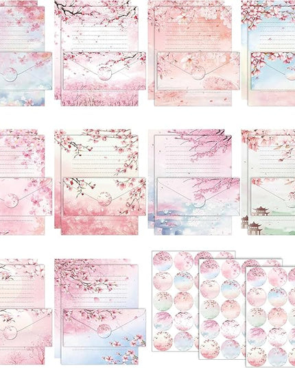 TaoBary 160 Pcs Stationery Paper Set 50 Double Sided Stationery Papers with 50 Matching Envelopes and 60 Round Dot Sticker, 10 Design(Cherry Blossom,8.5 x 11 Inch)