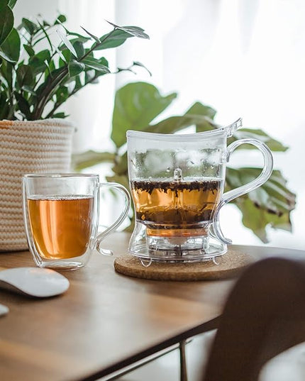 GROSCHE Aberdeen 34 oz tea pot and bottom dispensing tea steeper and Cyprus Large 16 oz double walled glass mug set