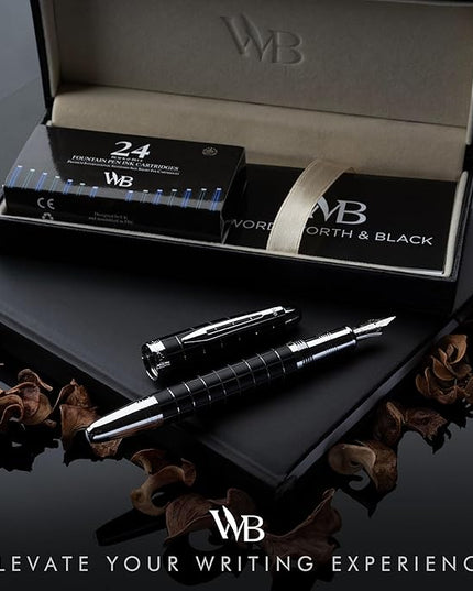 Wordsworth & Black Majesti Fountain Pen-(Checked), Luxury Case, Chrome Finish; Fine Nib- Ink Cartridges, Refillable Ink Converter-Calligraphy Pen-Best Business Gift Set for Men & Women