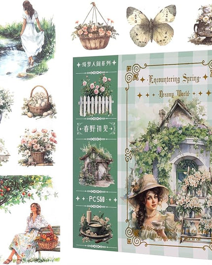 YagCu Garden Journal Stickers, 50 Sheets Washi Junk Journaling Sticker Book, Scrapbook Supplies, Watercolor Scrapbooking for Adults, Green Decorative Ephemera Arts Craft