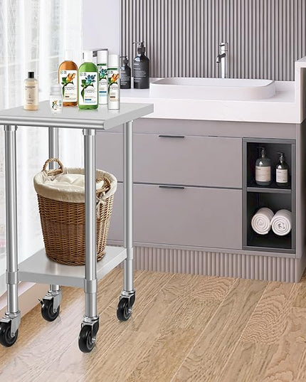 HARDURA Stainless Steel Commercial Table Prep & Work Table with Casters Heavy Duty Metal Table with Wheels NSF 430 24×24 Inches